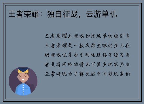王者荣耀：独自征战，云游单机